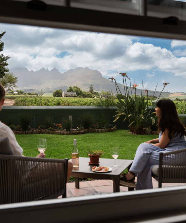 The conference cottage at Eikendal, looking out over the vineyards and the Helderberg