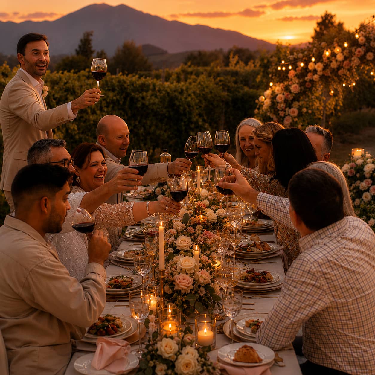 A wedding reception at a candlelit long table in the vineyards at Eikendal, at sunset